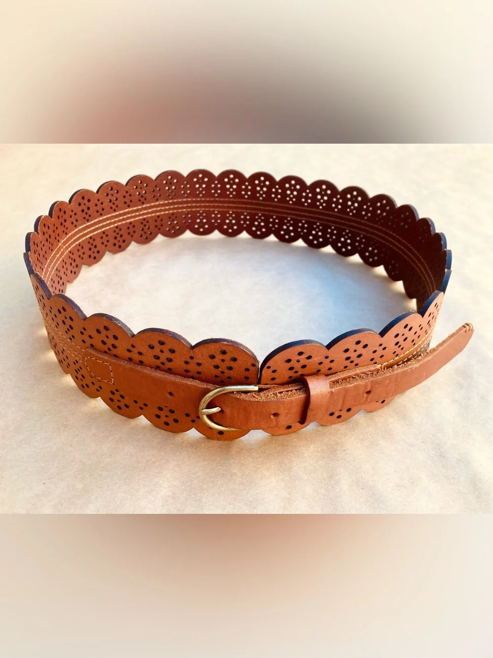 Anthro ❉ Scalloped Faux Leather Wide Brown Belt Size S/M